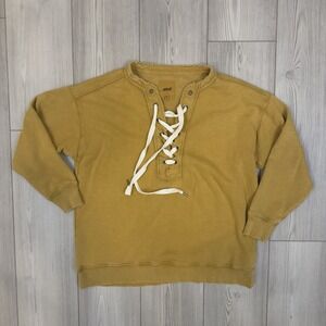 Aerie XS Lace Up Oversized Crew Sweatshirt Golden Yellow Long Sleeve Distressed